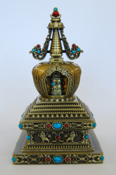Stupa mit Gebetsmühle und Batterie-Antrieb - Messingfarbig