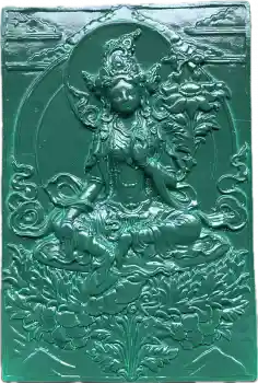 GREEN TARA ALTAR PLAQUE IN GREEN & GOLD CERAMIC