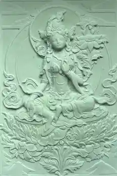 GREEN TARA ALTAR PLAQUE IN GREEN & GOLD CERAMIC