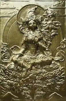 GREEN TARA ALTAR PLAQUE IN GREEN & GOLD CERAMIC