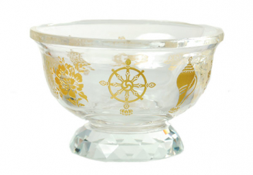 Eight Auspicious Symbols Glass Offering Bowl (Gold Color)