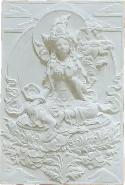 GREEN TARA ALTAR PLAQUE IN GREEN & GOLD CERAMIC