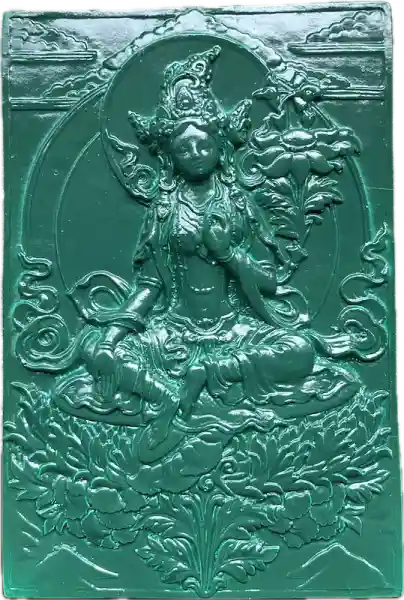 GREEN TARA ALTAR PLAQUE IN GREEN & GOLD CERAMIC