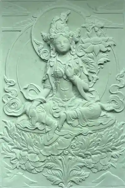 GREEN TARA ALTAR PLAQUE IN GREEN & GOLD CERAMIC