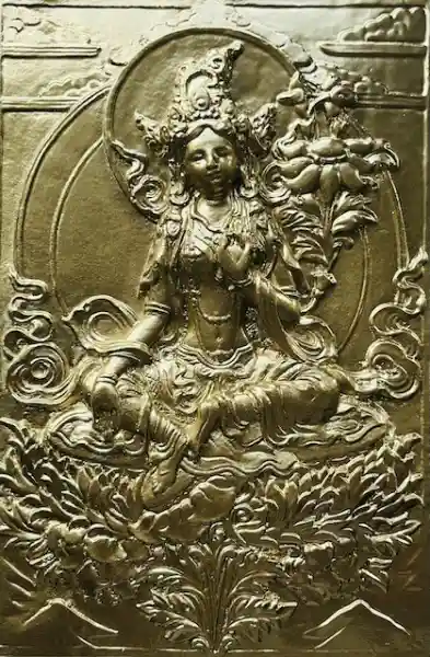 GREEN TARA ALTAR PLAQUE IN GREEN & GOLD CERAMIC