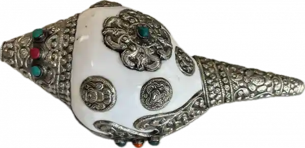 Ritual shell with white metal Puja big