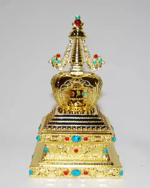 Stupa mit Gebetsmühle und Batterie-Antrieb vergoldet